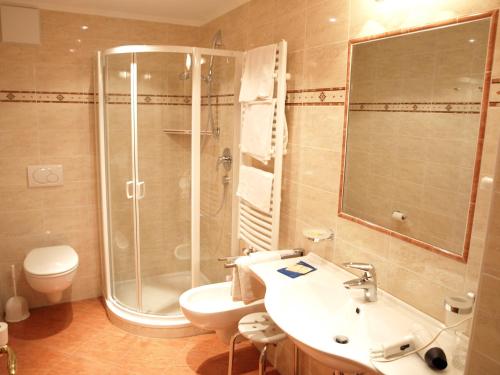塞尔瓦迪加尔代纳山谷Garni Flurida的带淋浴、盥洗盆和卫生间的浴室