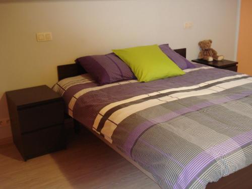 泽德尔海姆Auro'ra的一间卧室配有一张带紫色和绿色枕头的床