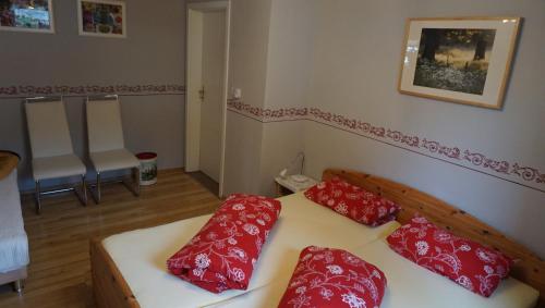 BeerheideFerienwohnung Ott的一间卧室配有一张带红色枕头的床