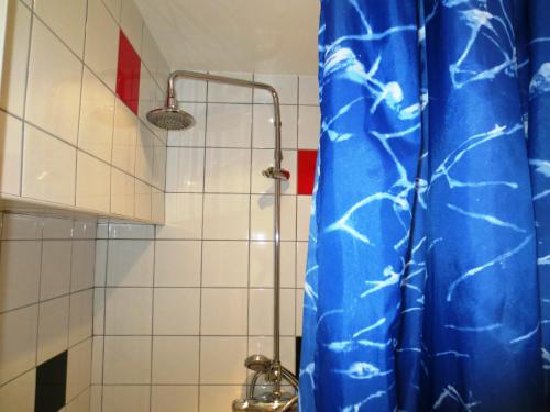 斯德哥尔摩住宿加早餐旅馆的一间带蓝色淋浴帘的淋浴的浴室