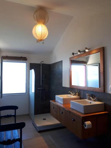 普拉泽里什Au petit Madère的一间带两个盥洗盆和大镜子的浴室