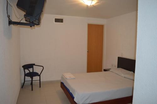 加拉加斯Hotel Tiburon的一间卧室配有一张床、一把椅子和电视