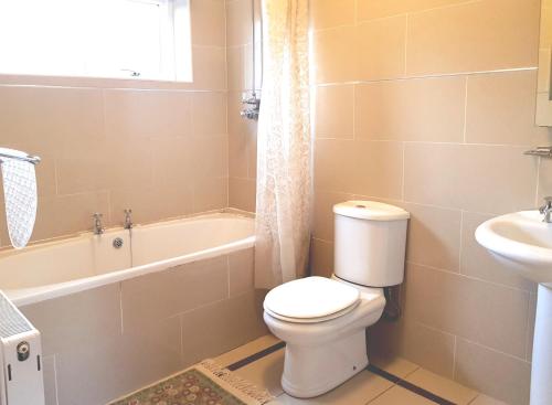 基拉尼Ethan Cottage的浴室配有卫生间、浴缸和水槽。