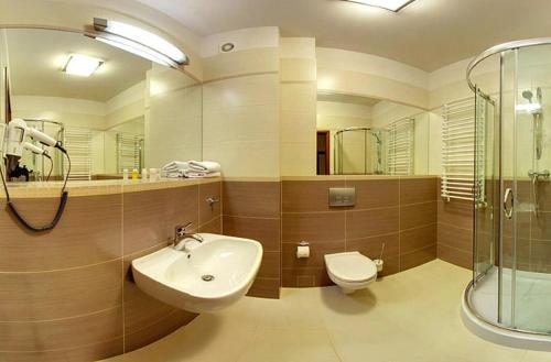 MniówHotel Dudek的一间带水槽、卫生间和淋浴的浴室