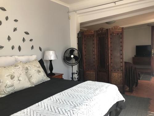 伯诺尼Contemporary Stay at Giraffe Cottage的一间卧室配有一张床、风扇和电视。
