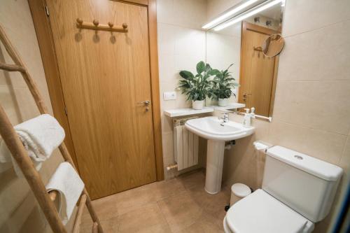 阿尔格达斯Apartamento Ático Bardenas的一间带卫生间、水槽和镜子的浴室