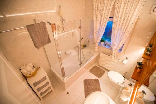 斯维斯塔尔Landhaus的带淋浴和卫生间的白色浴室