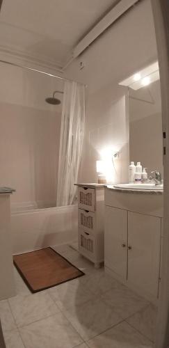 尼斯Les Grands Cedres的浴室配有盥洗盆、浴缸和台面