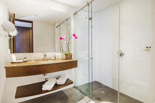 波哥大Hotel Morrison Usaquén的一间带玻璃淋浴和水槽的浴室