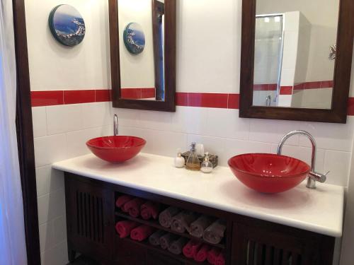 飞鱼湾Island Time Guest Room的浴室设有两个红色水槽和两面镜子