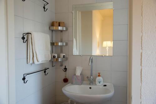 韦尔特Beej Potters的白色的浴室设有水槽和镜子