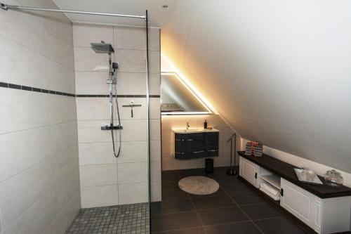 Neuendorf HeideFerienhaus Harmonia的带淋浴和盥洗盆的浴室