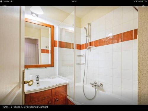 圣让皮耶德波尔Parc Arradoy的带淋浴、盥洗盆和镜子的浴室