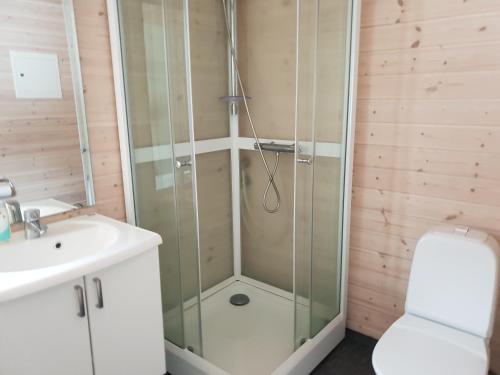 弗罗达尔Nedre Strand Hytteutleie的带淋浴的浴室(带盥洗盆和卫生间)