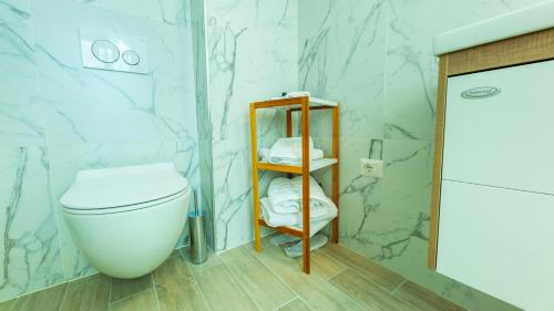 地拉那ART Hotel Tirana的一间带卫生间的浴室和一个带毛巾的架子