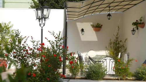 梅萨涅加蒂诺Il号德勒塞特住宿加早餐旅馆的一个带红色鲜花和围栏的庭院