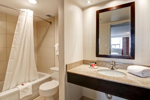 埃德蒙顿埃德蒙顿酒店及会议中心的一间带水槽、卫生间和镜子的浴室