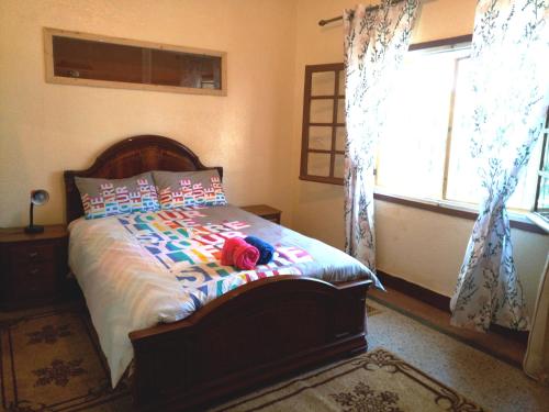 伊夫兰Chalet de la montagne的一间卧室配有一张带色彩缤纷枕头的床和窗户。