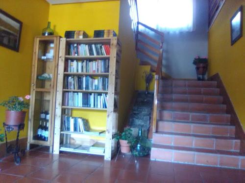 NeilaHotel Villaneila的一间设有楼梯的房间,书架上装有书籍