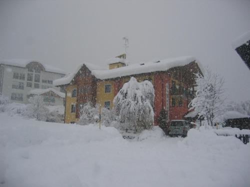 梅扎纳Animae Natura Hotel & Chalet的雪暴中被雪覆盖的建筑物
