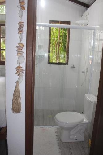 鲍巴Chalé Paúba 80m do Mar的一间带卫生间和淋浴及窗户的浴室