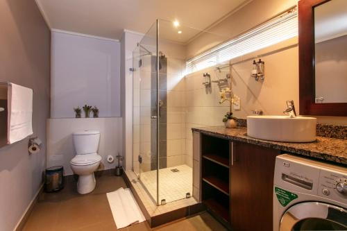 比勒陀利亚阿布色鲁特法林登公寓的浴室配有卫生间、盥洗盆和淋浴。