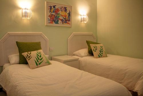 马斯帕洛马斯Bungalows Los Melocotones的绿墙和灯光的客房内的两张床