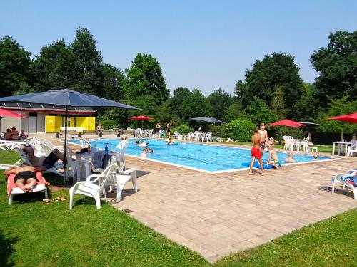 比丁赫伊曾Bungalowpark De Bremerberg的一群人坐在游泳池周围