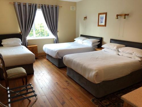 罗斯莱尔St Martin's, Rosslare Harbour Guest Accommodation的酒店客房设有三张床和窗户。