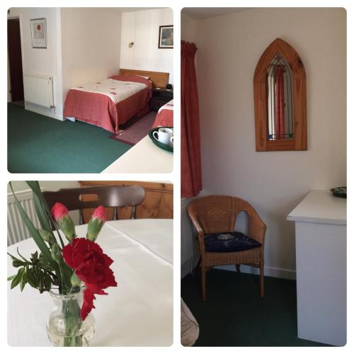 切普斯托Parkfield (Chepstow BnB)的两张照片,一张房间,一幅有床,一朵花