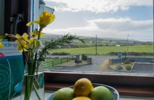 杜林Oar restaurant and Rooms的窗户边的水果碗,享有美景