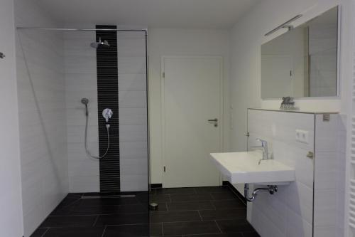 莱茵豪森Sweet Park Appartements的带淋浴、盥洗盆和镜子的浴室