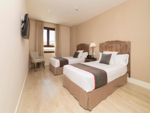 托梅略索Hotel Altora的酒店客房设有两张床和电视。