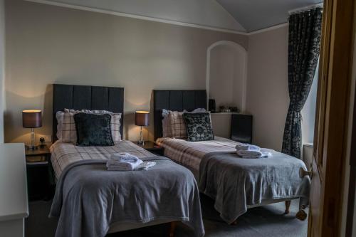 泰纳布鲁厄赫Tregortha Guest House的一间卧室配有两张床和两盏灯。