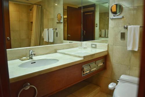 马尼拉马尼拉王子酒店的一间带水槽、镜子和卫生间的浴室