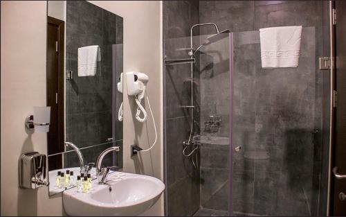 巴统Legend Business Hotel Batumi的带淋浴和盥洗盆的浴室