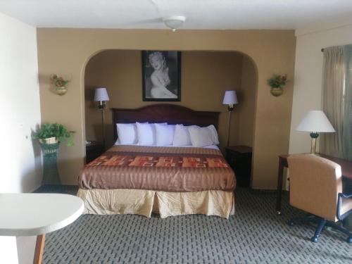 新布朗费尔斯Garden Inn & Suites New Braunfels的酒店客房设有一张大床和一张桌子。