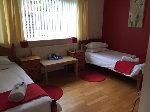 阿宾登红狮住宿加早餐旅馆的小房间设有两张床和窗户