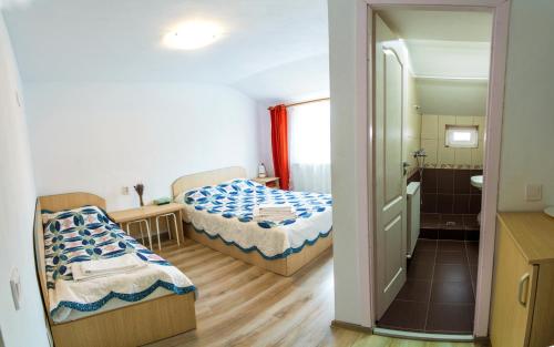 科尔贝尼Pensiunea Casa Elena的一间小客房,配有两张床和一间浴室