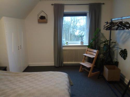 斯楚厄Bed and Breakfast i Struer的一间卧室配有床、植物和窗户
