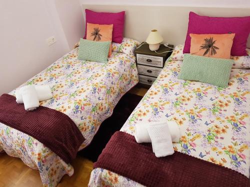 洛格罗尼奥Apartamento Manzanera的卧室内的两张床,配有紫色和绿色枕头