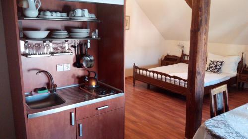 卡丹卡斯尼公寓的一个带水槽的厨房和一张位于客房内的床