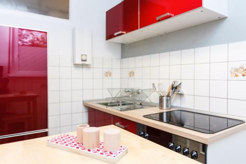 柏林Cosy flat in trendy Sprengelkiez (legal)的一间厨房,配有红色橱柜和台面