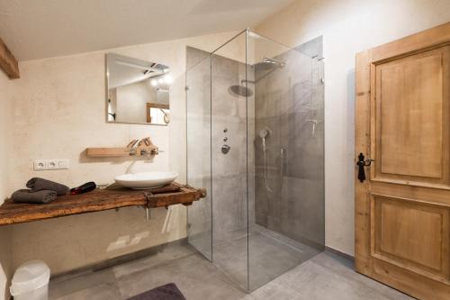 海明Ferienwohnung Hausegg的一间带玻璃淋浴和水槽的浴室