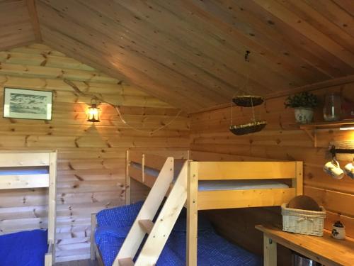 斯特伦松德Cabin on Husky Farm的小木屋内的卧室配有双层床