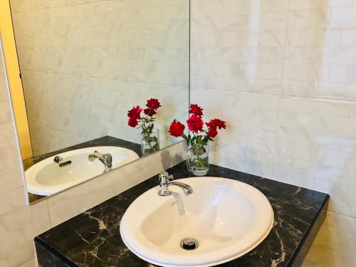 阁遥岛班萱阿马里纳度假屋的浴室设有两个水槽,镜子里装有红色的鲜花