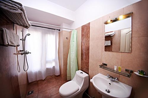 加德满都朋友之家酒店的一间带水槽、卫生间和淋浴的浴室