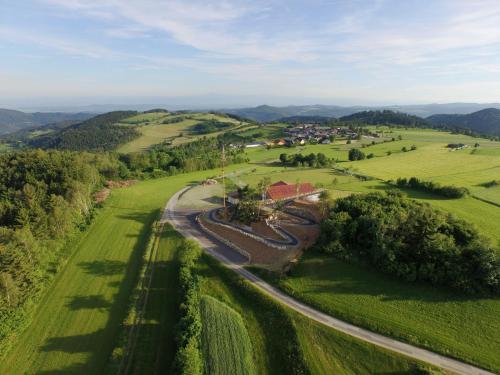 BrauneggBraunegger-Hof Gasthof Mayer的绿色田野中房屋的空中景观