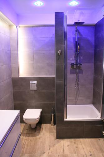 米兹多洛杰Apartament Light & Bright的带淋浴、卫生间和盥洗盆的浴室