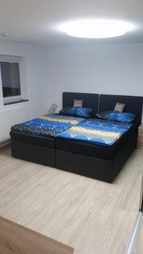 霍根海姆Ferienwohnung Sandra Hockenheim的蓝色棉被的床上